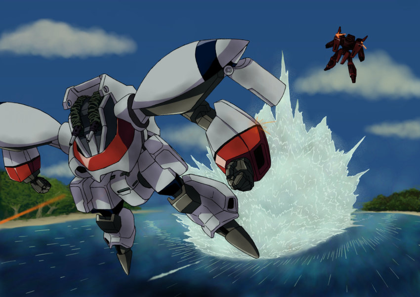 armor battle cloud flying highres mecha no_humans orguss pix-001 robot sky speed_lines tree water weapon