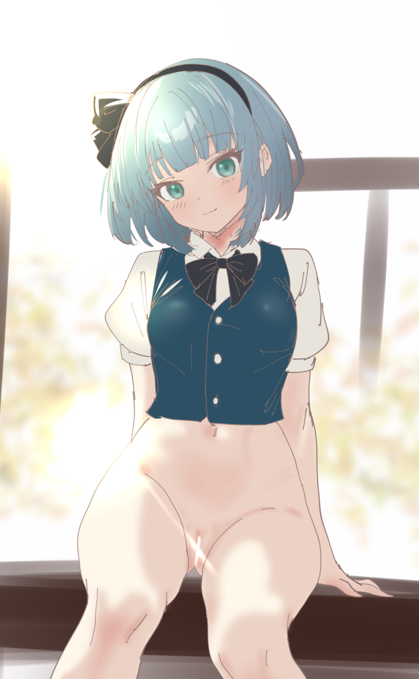 1girl arm_support black_bow black_bowtie black_hairband blush bottomless bow bowtie cleft_of_venus commentary feet_out_of_frame green_vest grey_hair hairband head_tilt highres konpaku_youmu light_censor light_smile looking_at_viewer navel puffy_short_sleeves puffy_sleeves pussy shirt short_hair short_sleeves sitting soara_shimomo solo stomach touhou vest white_shirt