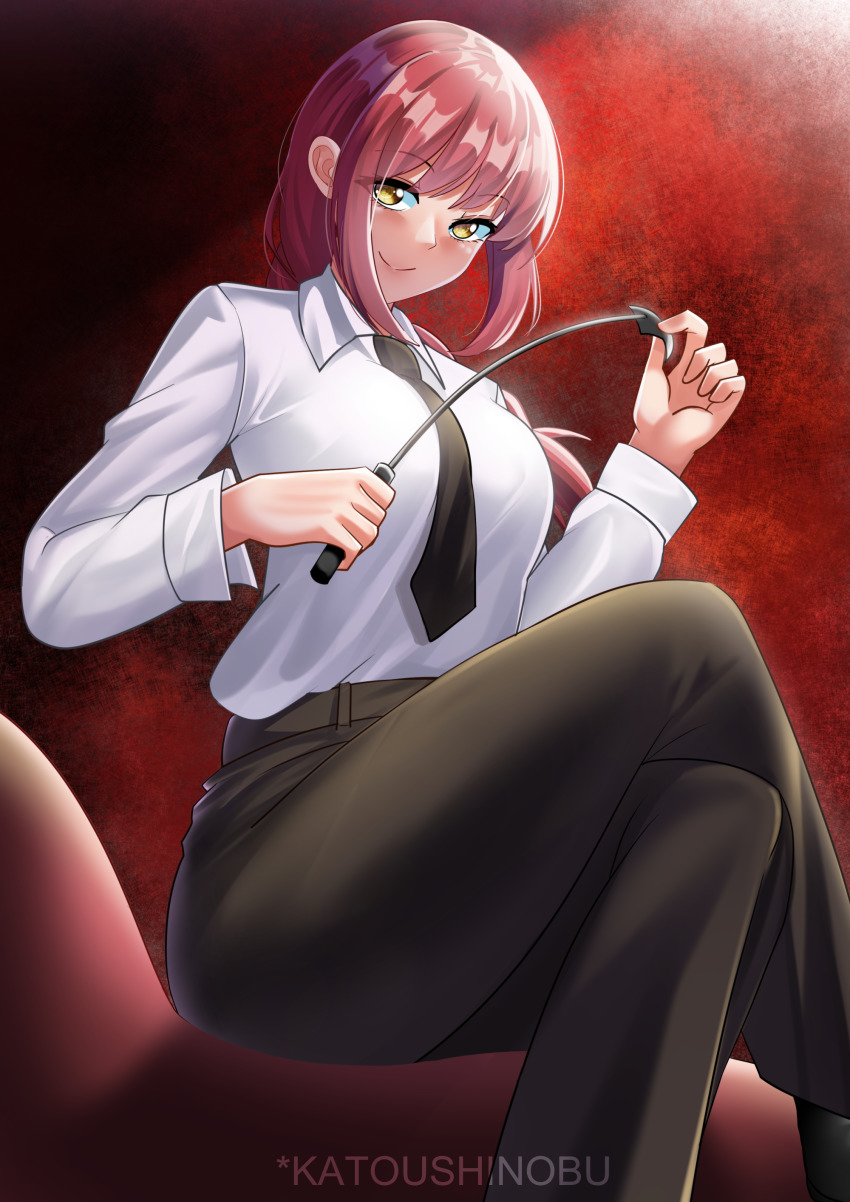 1girl absurdres black_footwear black_necktie black_pants black_suit braid braided_ponytail breasts chainsaw_man chair closed_mouth collared_shirt crossed_legs formal_clothes full_body highres holding holding_riding_crop holding_whip katou_shinobu light_smile long_hair long_sleeves looking_at_viewer makima_(chainsaw_man) medium_breasts necktie oxfords pants red_hair riding_crop ringed_eyes shirt sidelocks simple_background single_braid sitting solo suit white_shirt yellow_eyes