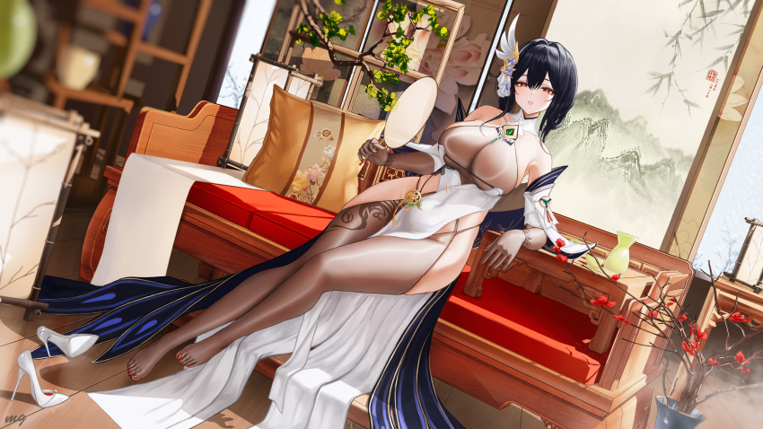 1girl absurdres azur_lane black_hair bodystocking breasts brown_gloves brown_thighhighs chen_hai_(azur_lane) chen_hai_(retrofit)_(azur_lane) full_body gloves hand_fan high_heels highres holding holding_fan indoors large_breasts leaning_back long_hair patent_heels pillow plant potted_plant pumps shoes solo stiletto_heels thighhighs unworn_shoes white_shoes window wjy1347193