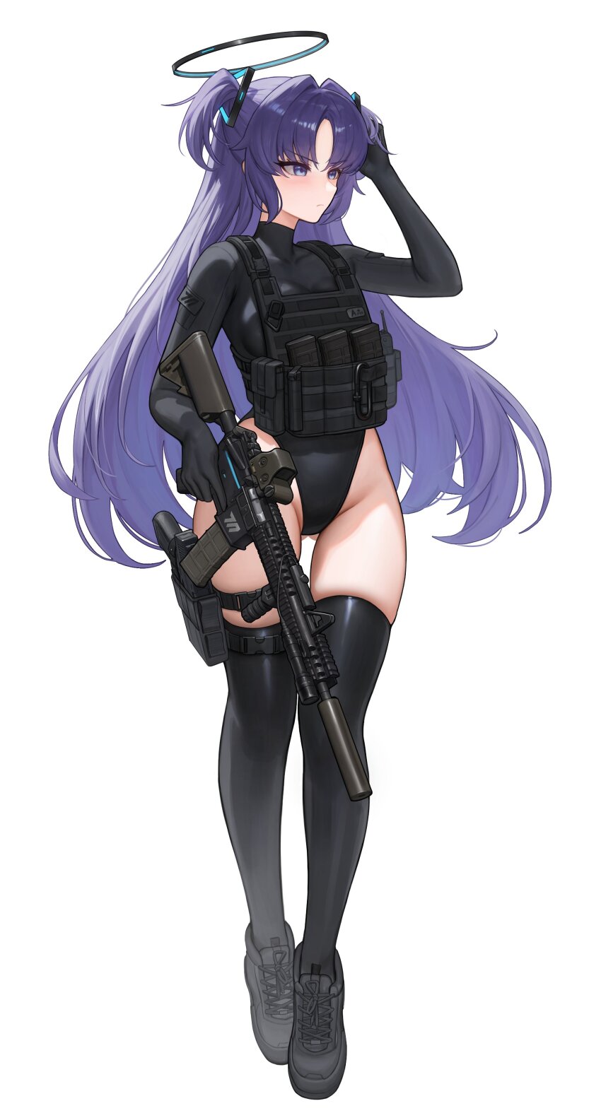 1girl absurdres alternate_costume assault_rifle black_halo black_leotard black_thighhighs blue_archive bulletproof_vest full_body gluteal_fold gun halo handgun heine_(haloo1101) highleg highleg_leotard highres holding holding_gun holding_weapon holster holstered leotard long_hair mechanical_halo purple_eyes purple_hair rifle solo thigh_gap thigh_holster thighhighs trigger_discipline two_side_up weapon white_background yuuka_(blue_archive)