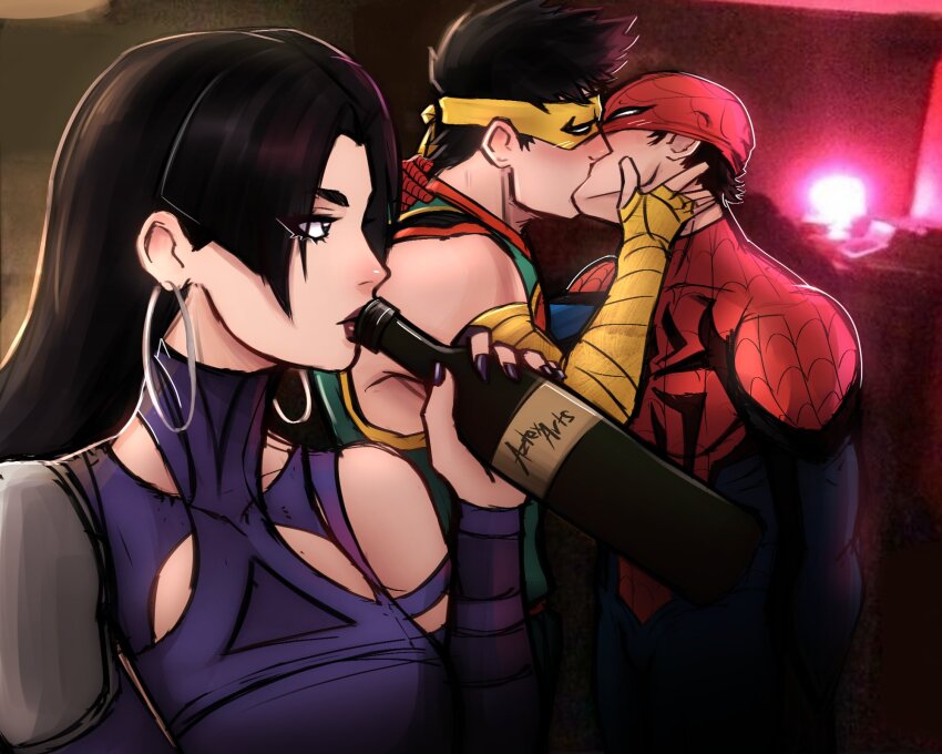 1girl 2boys alcohol arm_wrap aztexarts black_hair blush bottle commentary drinking earrings english_commentary eyelashes girl_drinking_while_guys_make_out_(meme) hand_on_another&#039;s_face head_tilt highres holding holding_bottle hoop_earrings iron_fist_(marvel) jewelry jumpsuit kiss lipstick long_hair makeup marvel marvel_rivals mask mask_up multicolored_clothes multiple_boys no_pupils photo_background piercing psylocke purple_shirt red_lips shirt short_hair single_bare_shoulder spider-man standing superhero_costume white_eyes wine_bottle yaoi yellow_mask