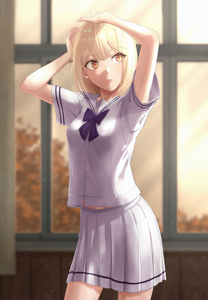 1girl arms_up blonde_hair bob_cut bow bowtie brown_eyes commentary_request hands_on_own_head highres indoors midriff_peek ninagawa_nicole original parted_lips purple_bow purple_bowtie sailor_collar school_uniform serafuku shirt short_hair short_sleeves shukurin skirt solo standing teeth upper_teeth_only white_sailor_collar white_serafuku white_shirt white_skirt window