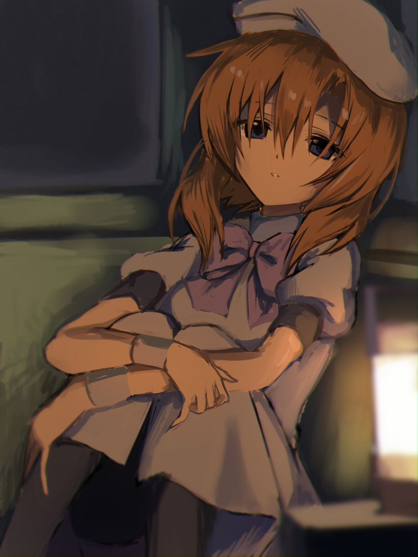 1girl absurdres blue_eyes bow bowtie dress hair_between_eyes hat highres higurashi_no_naku_koro_ni looking_at_viewer medium_hair nyako_(x_nyako_x) orange_hair parted_lips puffy_sleeves purple_bow ryuuguu_rena short_sleeves sitting solo white_dress