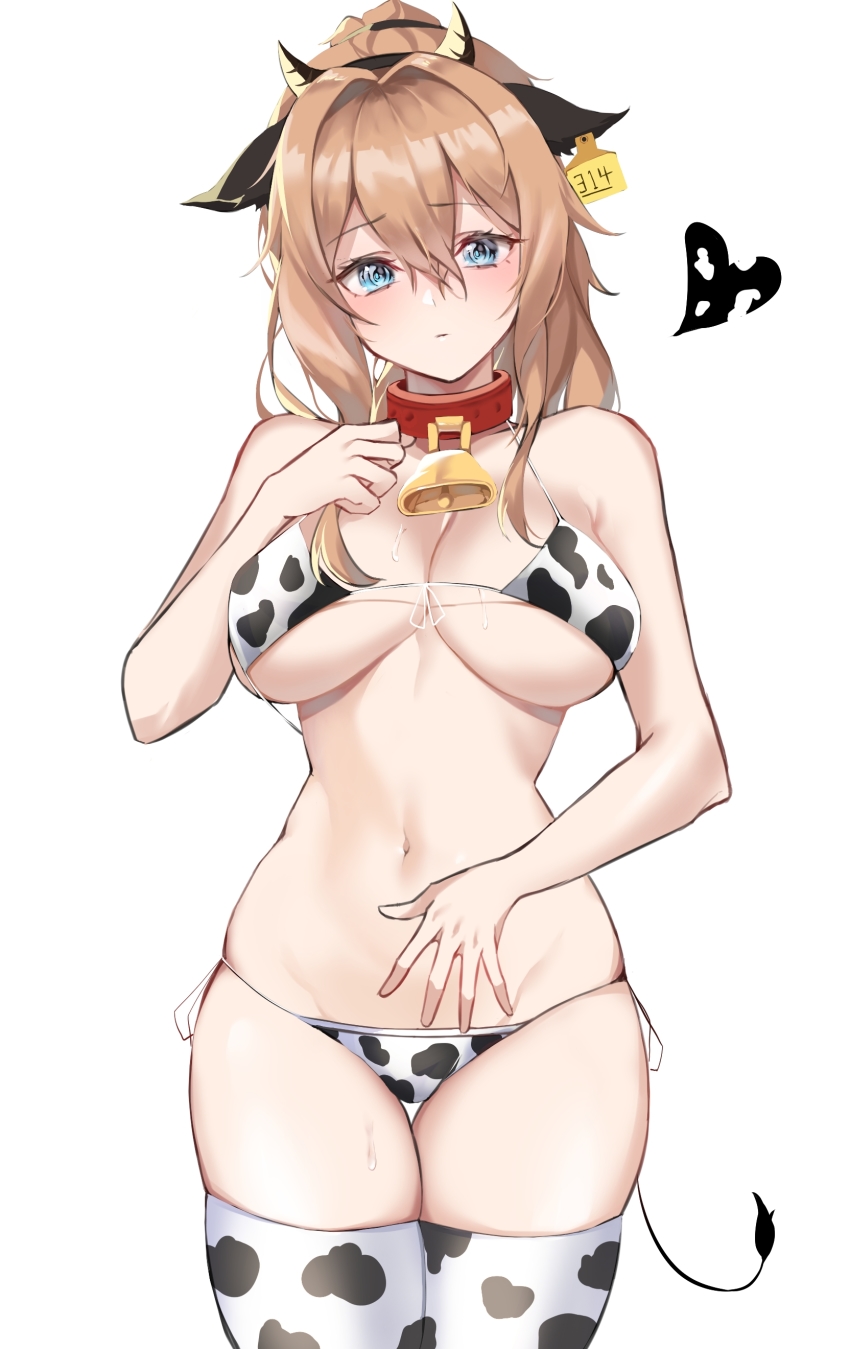 1girl absurdres animal_ears animal_print bell bikini black_hairband black_ribbon blonde_hair blue_eyes blush breasts chinese_zodiac cleavage closed_mouth collar commentary cow_ears cow_horns cow_print cow_tail cowbell cowboy_shot ear_tag english_commentary front-tie_top genshin_impact groin hair_between_eyes hair_intakes hair_ribbon hairband hand_on_own_chest hand_on_own_stomach head_tilt heart highres horns jean_(genshin_impact) large_breasts legs_together long_hair looking_at_viewer midriff navel panties pengrani red_collar ribbon side-tie_bikini_bottom side-tie_panties sidelocks simple_background solo standing sweat swimsuit tail thighhighs underwear white_background white_bikini white_thighhighs year_of_the_ox