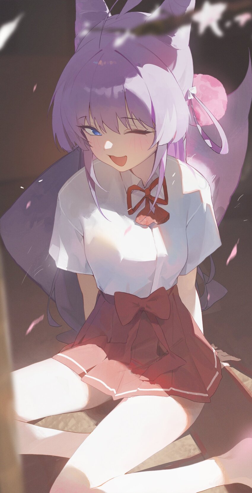 1girl absurdres animal_ears blue_eyes blush bow fox_ears fox_girl fox_tail highres kji_(rozo) light_blush long_hair looking_at_viewer one_eye_closed open_mouth pleated_skirt purple_hair red_bow red_skirt shirt short_sleeves sidelocks sitting skirt smile solo stellive tail tenko_shibuki virtual_youtuber white_shirt