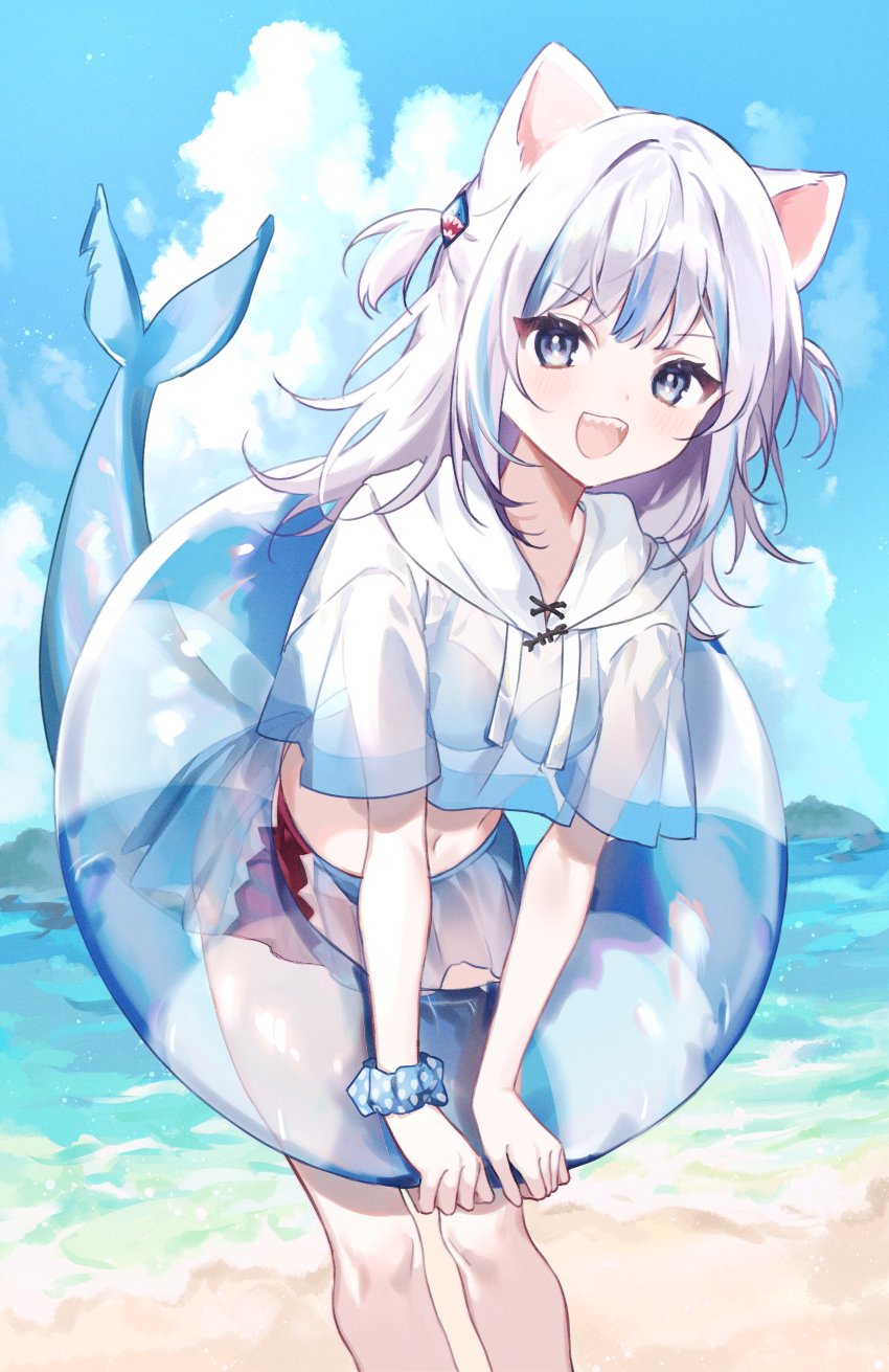 1girl absurdres animal_ears bikini bikini_under_clothes black_bikini blue_eyes blue_hair blue_skirt blush cat_ears cropped_hoodie fins fish_tail gawr_gura guma_(teddybear_oxo) highres hololive hololive_english hood hoodie innertube kemonomimi_mode leaning_forward multicolored_hair open_mouth see-through_hoodie shark_tail sharp_teeth silver_hair skirt smile solo streaked_hair swim_ring swimsuit tail teeth two_side_up virtual_youtuber