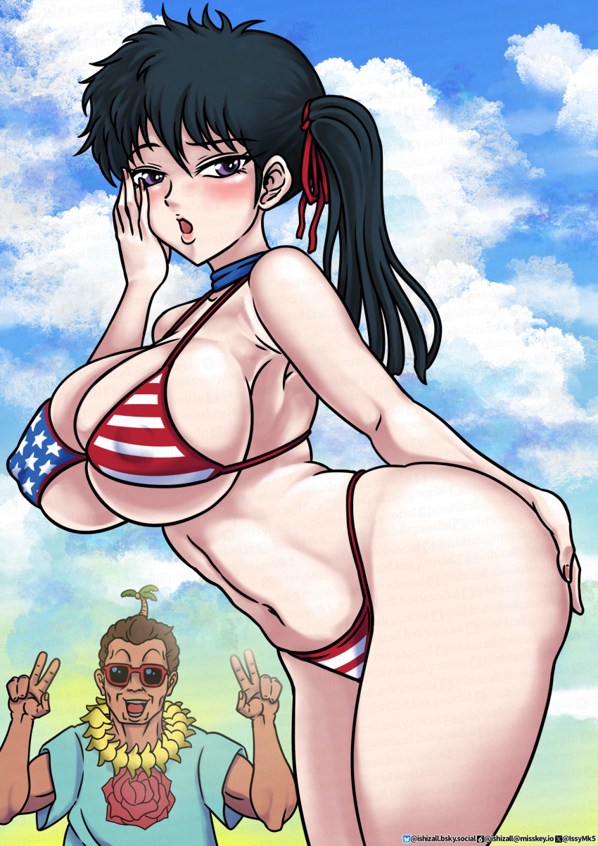 1boy 1girl abs american_flag american_flag_bikini american_flag_print beach bikini black_hair breasts brown_hair cloud dark_skin flag_print highres kunou_kodachi large_breasts long_hair okeke192837 open_mouth principal_kunou print_bikini purple_eyes ranma_1/2 sky smile striped_bikini striped_clothes sunglasses swimsuit v wide_hips