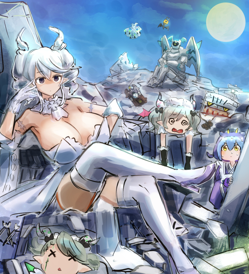 1boy 4girls arianna_the_labrynth_servant arianne_the_labrynth_servant blank_stare blue_hair breasts cleavage crossed_legs demon_girl demon_horns derivative_work duel_monster grey_hair hatano_kiyoshi highres horns huge_breasts labrynth_archfiend laundry_dragonmaid lovely_labrynth_of_the_silver_castle maid moon multiple_girls night parody rubble ruins shaded_face sweat wa_maid yellow_eyes yu-gi-oh!