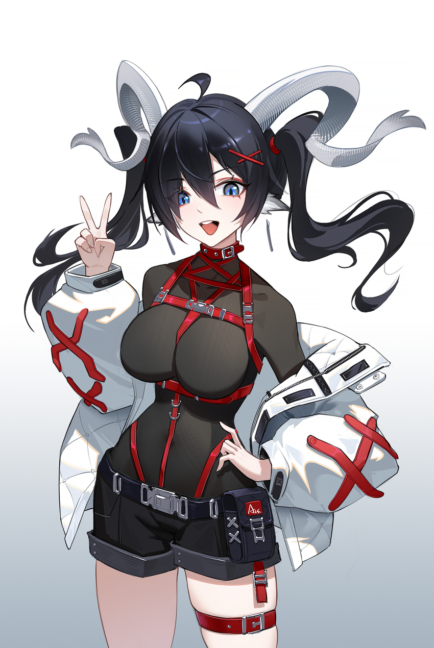 1girl \||/ absurdres ahoge aiceq_(qianchen1999) animal_ears arknights belt belt_collar black_hair black_shirt blue_eyes breasts collar collarbone commentary_request covered_navel cowboy_shot cross-laced_clothes double-parted_bangs earrings genderswap genderswap_(mtf) goat_girl goat_horns gradient_background grey_background hair_ornament hair_tie hand_on_own_hip hand_up highres horns jacket jewelry large_breasts legs_apart lessing_(arknights) lessing_(ignis_fatuus)_(arknights) long_hair long_sleeves looking_at_viewer micro_shorts off_shoulder open_clothes open_jacket open_mouth pouch puffy_sleeves shirt shorts simple_background solo standing strap tassel tassel_earrings teeth thigh_strap tongue tongue_out twintails upper_teeth_only v white_background white_jacket white_sleeves x_hair_ornament