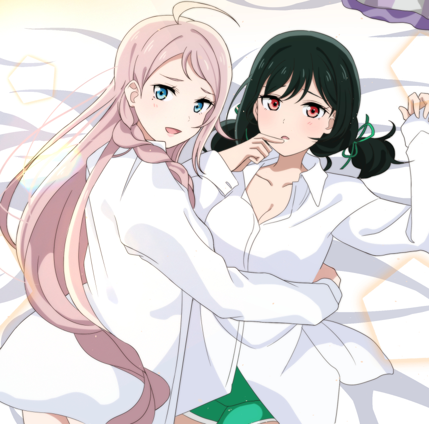 2girls :d ahoge black_hair blue_eyes blush braid breasts cleavage collarbone collared_shirt commentary_request cowboy_shot d: dolphin_shorts dress_shirt girl_on_top green_ribbon green_shorts hair_ribbon highres korean_commentary long_hair long_sleeves looking_at_viewer looking_back love_live! love_live!_nijigasaki_high_school_idol_club low_twintails lying medium_breasts mifune_shioriko multiple_girls official_alternate_costume on_back on_bed open_mouth pink_hair red_eyes ribbon shirt shorts single_braid single_sidelock sleeves_past_wrists smile tokimeki_no_mirai_chizu twintails very_long_hair white_shirt yumel_lot yuri zhong_lanzhu