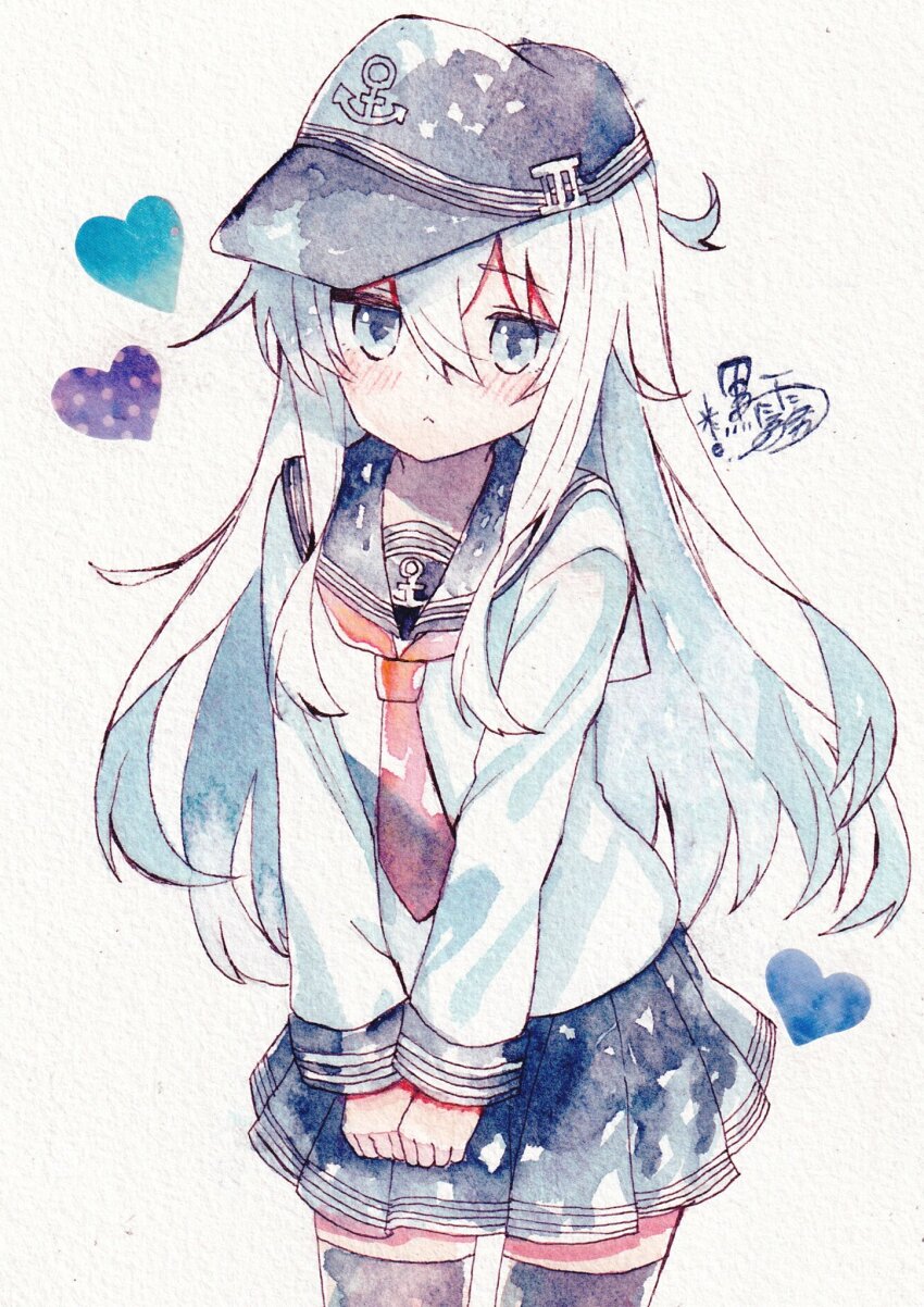 1girl :&lt; black_hat black_sailor_collar black_skirt black_thighhighs blue_eyes blush cowboy_shot dot_nose fantasydolce hair_between_eyes hat heart hibiki_(kancolle) highres kantai_collection long_hair long_sleeves looking_at_viewer miniskirt necktie own_hands_together painting_(medium) pleated_skirt red_necktie sailor_collar school_uniform serafuku shirt signature skirt solo straight_hair thighhighs traditional_media verniy_(kancolle) very_long_hair watercolor_(medium) white_hair white_shirt zettai_ryouiki