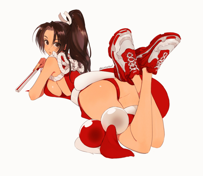 1girl ass breasts brown_eyes brown_hair fatal_fury feet_up folded_fan folding_fan hand_fan high_ponytail japanese_clothes looking_at_viewer looking_back lying motoyui on_stomach ponytail revealing_clothes rope shiranui_mai shoes sideboob simple_background sneakers solo sumustard the_pose thighs