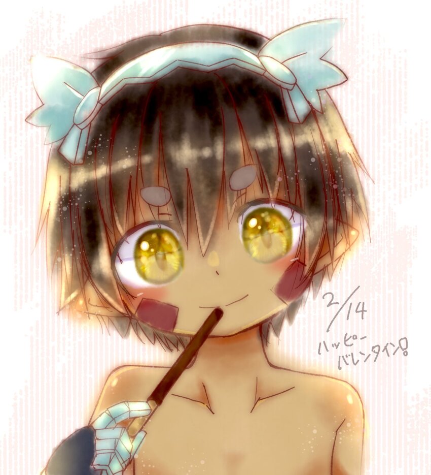 1boy android blush brown_hair chocolate collarbone commentary_request dated eye_focus facial_mark facial_tattoo food food_in_mouth hair_between_eyes highres looking_at_viewer made_in_abyss male_focus mechanical_hands metal_hairband pocky pointy_ears portrait reg_(made_in_abyss) robot simple_background single_mechanical_hand sirorain slit_pupils smile solo stick striped_background tattoo topless_male translation_request v-shaped_eyebrows white_background yellow_eyes