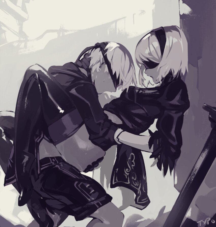 1boy 1girl 2b_(nier:automata) 9s_(nier:automata) against_wall black_hairband blindfold boots clothed_sex clothes_pull commentary dress english_commentary feather-trimmed_sleeves gloves greyscale hairband hetero high_heel_boots high_heels highres mole mole_under_mouth monochrome nier:automata nier_(series) no_panties open_mouth optionaltypo pants pants_pull sex short_hair shorts standing standing_sex sweat sword thigh_boots thighhighs thighhighs_under_boots two-sided_fabric two-sided_skirt weapon