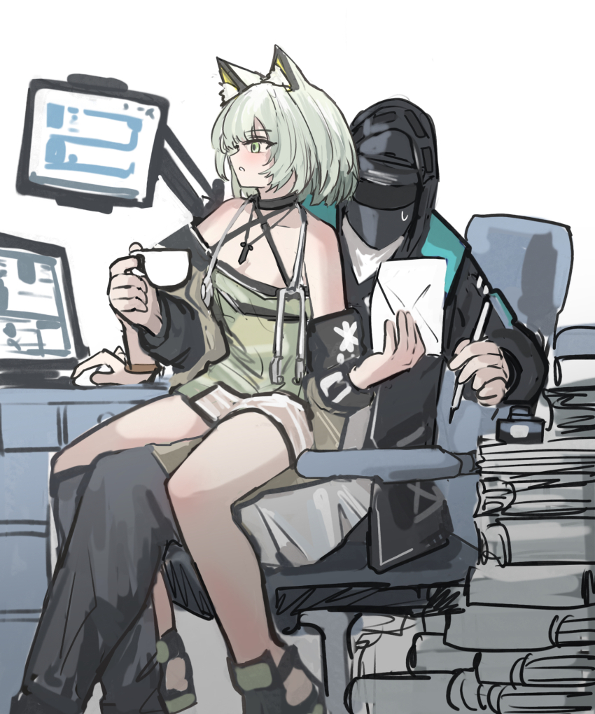 1girl 1other animal_ear_fluff animal_ears arknights bare_shoulders black_jacket cat_ears cup doctor_(arknights) dress feet_out_of_frame green_dress green_eyes grey_hair highres holding holding_cup holding_letter hood hood_up hooded_coat hooded_jacket jacket kal&#039;tsit_(arknights) letter long_sleeves off-shoulder_dress off-shoulder_jacket off_shoulder open_clothes shirt short_hair sitting sitting_on_lap sitting_on_person whate=3r