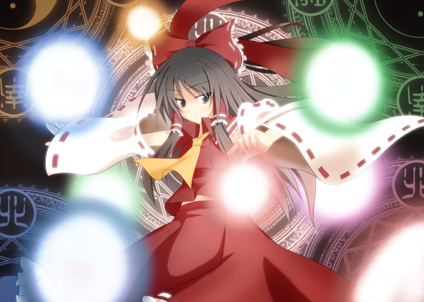 1girl black_eyes black_hair bow danmaku detached_sleeves female_focus hair_bow hakurei_reimu japanese_clothes long_hair magic_circle midriff midriff_peek miko shiduki_eku solo touhou