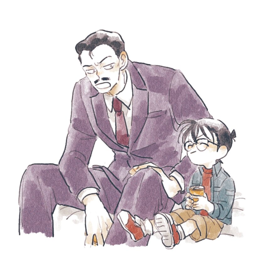 2boys ^_^ can closed_eyes collared_shirt edogawa_conan facial_hair formal_clothes glasses hair_slicked_back hand_on_own_leg highres holding holding_can male_focus meitantei_conan mouri_kogoro multiple_boys mustache nanteiiyoru necktie shirt short_hair simple_background suit white_background