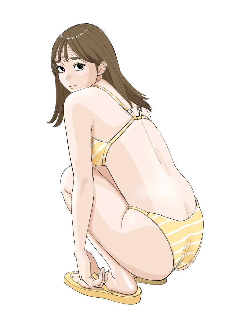 1girl absurdres ass bikini brown_hair from_behind full_body highres long_hair looking_at_viewer multicolored_bikini multicolored_clothes original sakamoto_giulietta sandals simple_background solo squatting striped_bikini striped_clothes swimsuit thighs two-tone_bikini white_background yellow_bikini yellow_footwear