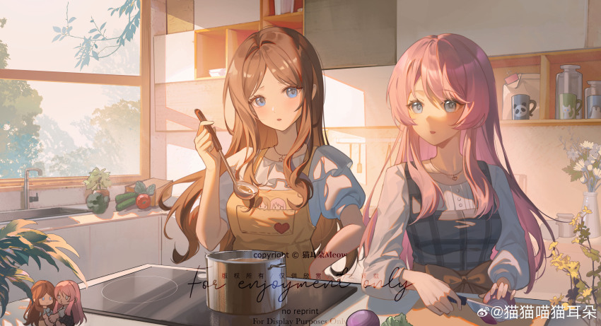 2girls absurdres apron bang_dream! bang_dream!_it&#039;s_mygo!!!!! blue_eyes broccoli brown_apron brown_hair character_doll character_print chihaya_anon chinese_commentary collarbone commentary_request cooking cooking_pot cucumber dress grey_dress grey_eyes heart highres holding holding_knife holding_ladle indoors jewelry kitchen knife ladle long_hair long_sleeves mao_mao_miao_mao_erduo matching_outfits multiple_girls nagasaki_soyo necklace onion open_mouth pinafore_dress pink_hair plant potted_plant puffy_short_sleeves puffy_sleeves shirt short_sleeves sidelocks sleeveless sleeveless_dress sunlight tomato variant_set watermark weibo_watermark white_shirt window