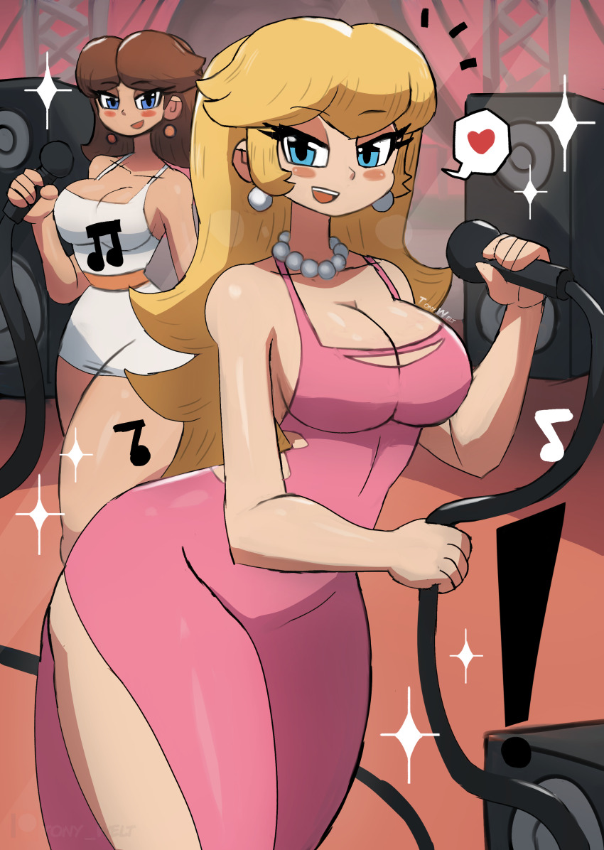 ! 2girls absurdres blonde_hair blue_eyes breasts brown_hair cleavage collarbone dress earrings heart highres holding holding_microphone jewelry large_breasts long_hair looking_at_viewer mario_(series) microphone multiple_girls musical_note necklace nintendo open_mouth pearl_necklace pink_dress princess_daisy princess_peach side_slit sleeveless sleeveless_dress smile sparkle speaker speech_bubble spoken_heart stage standing thick_thighs thighs tony_welt white_dress wide_hips