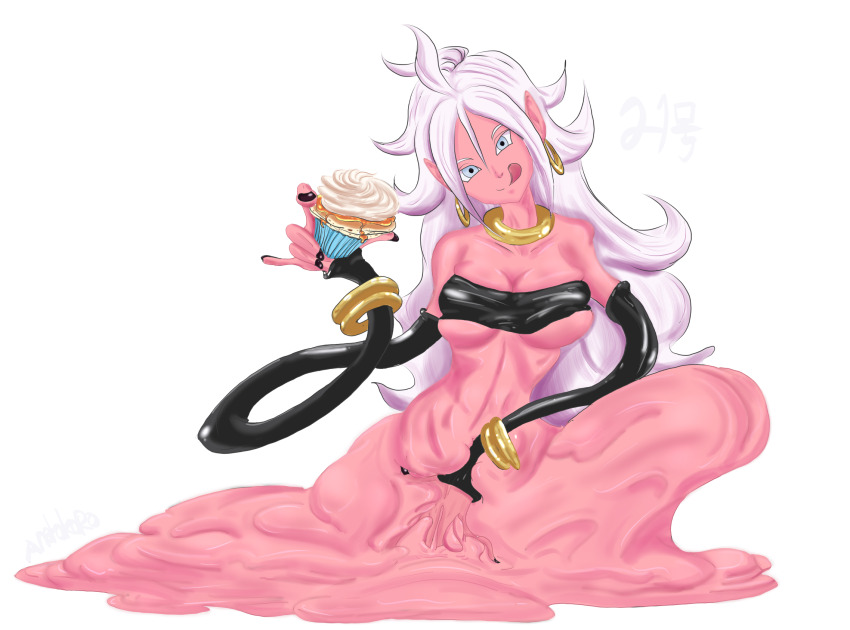 1girl android_21 blue_eyes bracelet breasts bridal_gauntlets choker cleavage collarbone colored_skin cupcake dragon_ball dragon_ball_fighterz earrings food gold_choker gold_earrings hand_on_own_crotch highres jewelry majin_android_21 melting monster_girl pink_skin puddle simple_background slime_(substance) slime_girl smile solo solo_focus strapless stretched_limb tight_clothes tongue tongue_out tube_top white_background white_hair