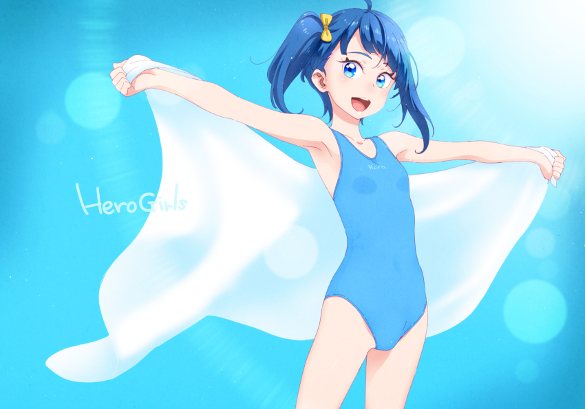 1girl :d ahoge armpits bare_arms blue_eyes blue_hair blue_one-piece_swimsuit bow breasts collarbone cowboy_shot day hair_bow highres hirogaru_sky!_precure lens_flare looking_at_viewer one-piece_swimsuit open_mouth outdoors outstretched_arms precure sakura_kotetsu school_swimsuit short_hair side_ponytail sidelocks small_breasts smile solo sora_harewataru standing swimsuit yellow_bow