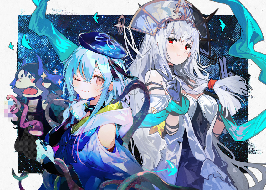 1boy 1girl alchemaniac arknights bare_shoulders blue_cloak blue_hair blue_hat blue_ribbon blush choker cloak clothing_cutout doraemon double_v dress gloves hands_on_own_chin hat hat_ribbon headdress highmore_(arknights) horns light_smile long_hair mizuki_(arknights) namie-kun non-web_source off-shoulder_dress off_shoulder official_alternate_costume parody purple_eyes red_eyes ribbon short_hair_with_long_locks shoulder_cutout skadi_(arknights) skadi_the_corrupting_heart_(arknights) skadi_the_corrupting_heart_(sublimation)_(arknights) smile solo surprised tentacles trap v very_long_hair