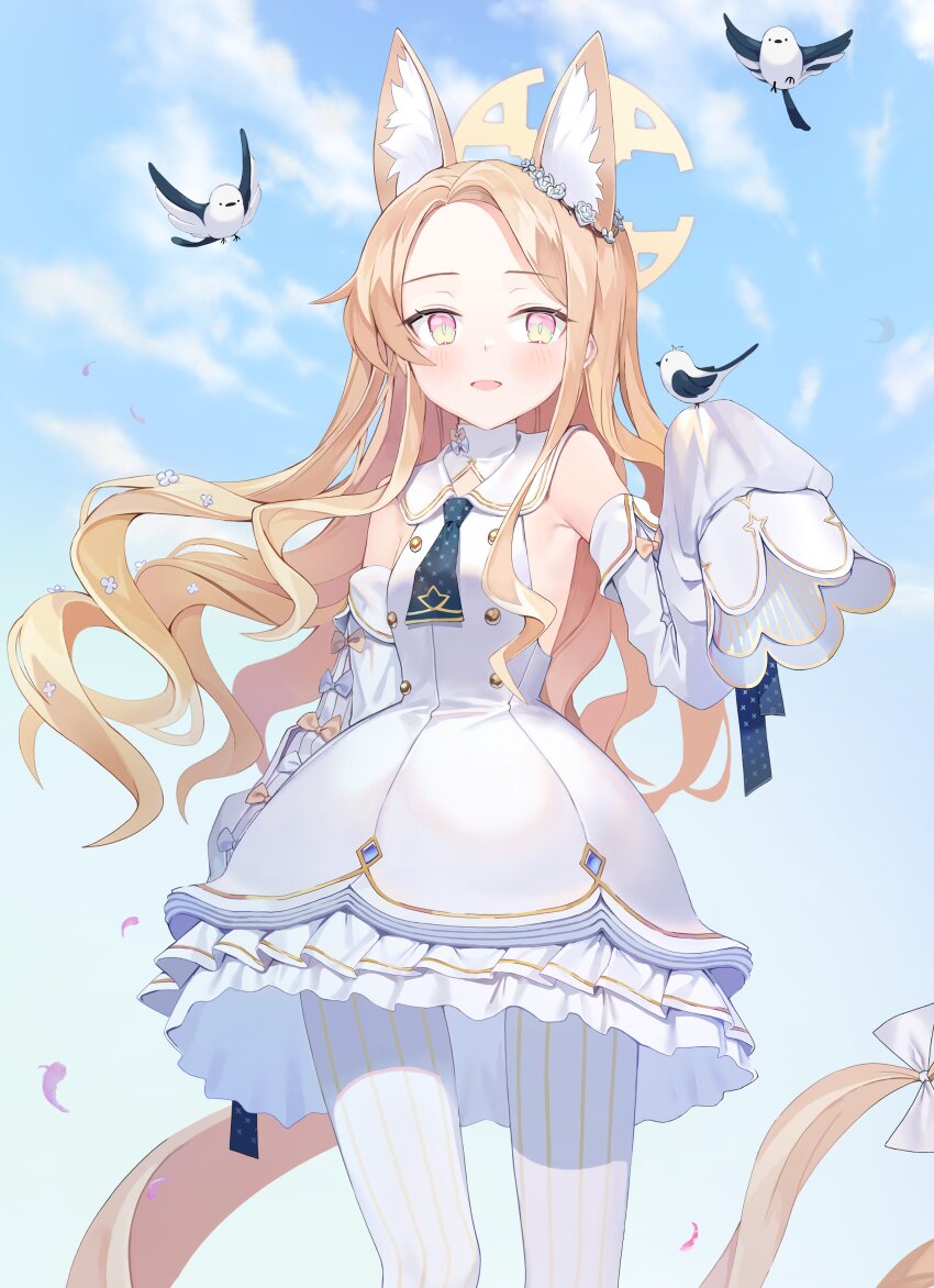 absurdly_long_hair absurdres animal_ear_fluff animal_ears bikini bird bird_on_hand blonde_hair blue_archive blue_necktie blush bow bright_pupils cloud cloudy_sky dress flower flying forehead fox_ears frilled_dress frills gradient_eyes hair_bow hair_flower hair_ornament halo highres leggings long-tailed_tit long_hair long_sleeves multicolored_eyes necktie parted_bangs parted_lips petals pink_eyes posom seia_(blue_archive) short_necktie sky sleeve_bow sleeveless sleeveless_dress sleeves_past_fingers sleeves_past_wrists swimsuit tit_(bird) vertical-striped_leggings very_long_hair white_bikini white_bird white_bow white_dress white_flower white_leggings white_pupils yellow_bow yellow_eyes