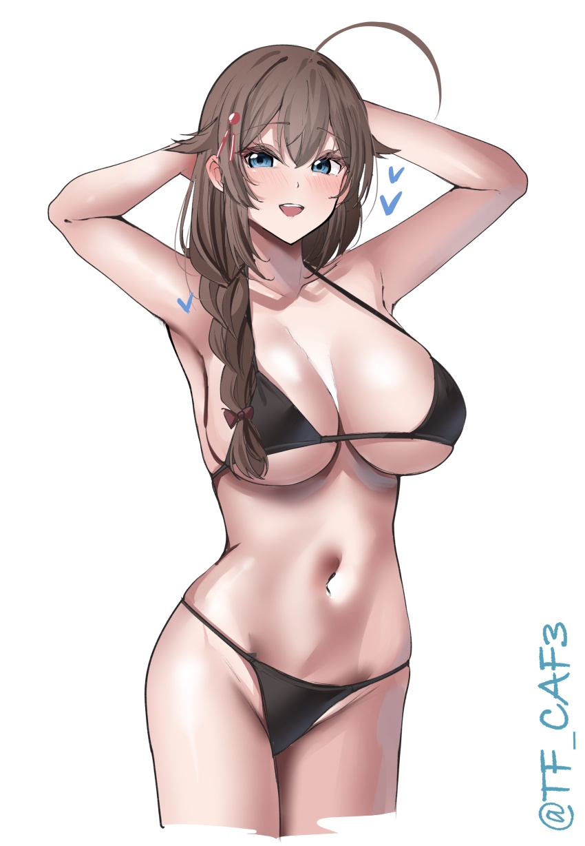 1girl absurdres ahoge armpits arms_up bikini black_bikini blue_eyes braid breasts brown_hair cleavage commentary_request cowboy_shot highres kantai_collection looking_at_viewer medium_breasts navel off_shoulder one-hour_drawing_challenge open_mouth shigure_(kancolle) simple_background smile solo swimsuit tf_cafe twitter_username underboob white_background