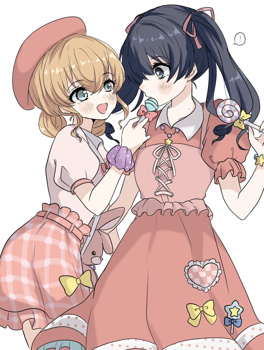 ! 2girls :d beret black_hair blush candy chupa_chups collarbone collared_dress commentary cowboy_shot crossed_bangs double_bun dress food frilled_skirt frilled_sleeves frills green_eyes grey_eyes hair_bun hair_ribbon hat highres hinoshita_kaho holding holding_candy holding_food holding_lollipop link!_like!_love_live! lollipop long_hair looking_at_another love_live! medium_hair miniskirt mole mole_on_neck multiple_girls murano_sayaka natsu_(natsukikenken) official_alternate_costume official_alternate_hairstyle open_mouth orange_hair pink_dress pink_hat pink_ribbon pink_skirt plaid_clothes plaid_skirt puffy_short_sleeves puffy_sleeves ribbon short_sleeves sidelocks simple_background skirt smile speech_bubble spoken_exclamation_mark swirl_lollipop twintails village_vanguard virtual_youtuber white_background yuri