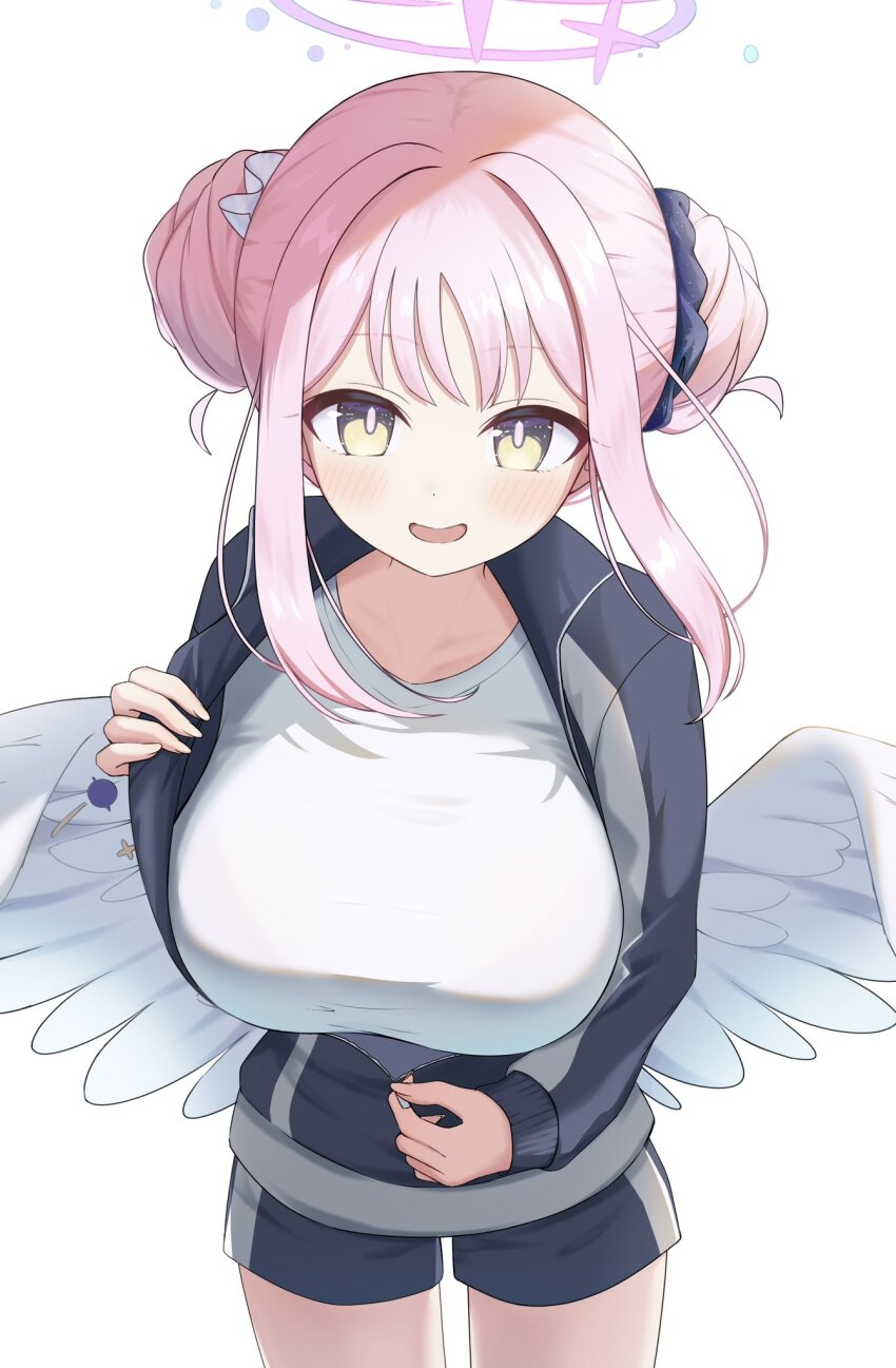 1girl blue_archive breasts commentary_request double_bun feathered_wings fingernails hair_bun halo highres jacket large_breasts long_hair long_sleeves looking_at_viewer low_wings mika_(blue_archive) official_alternate_costume open_mouth panda_90321 pink_hair pink_pupils shirt shorts sidelocks simple_background smile solo track_jacket unzipping white_background white_shirt white_wings wings yellow_eyes