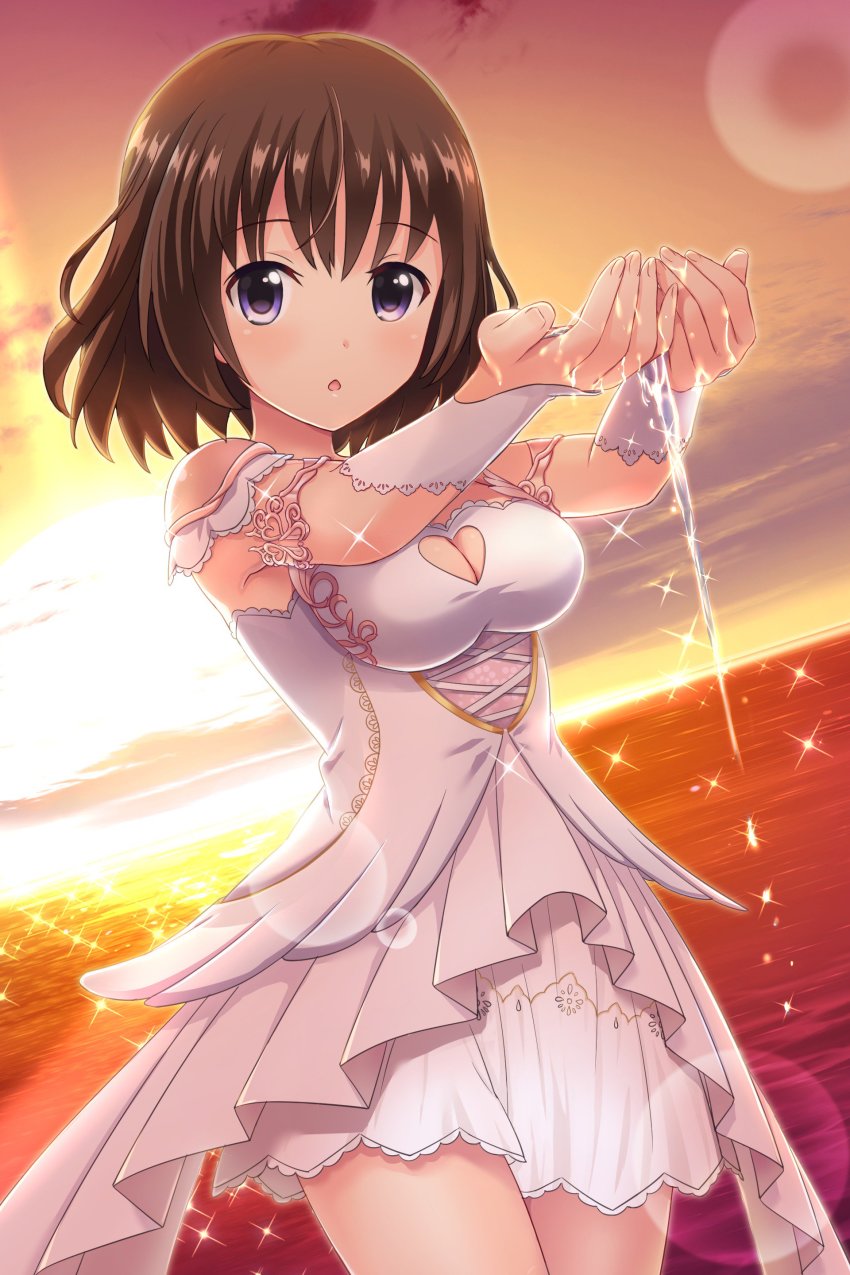 1girl absurdres alternative_girls armor asahina_nono breasts brown_hair cleavage cloud dress highres looking_at_viewer ocean official_art open_mouth pauldrons purple_eyes short_hair shoulder_armor solo sun sunlight sunset white_dress