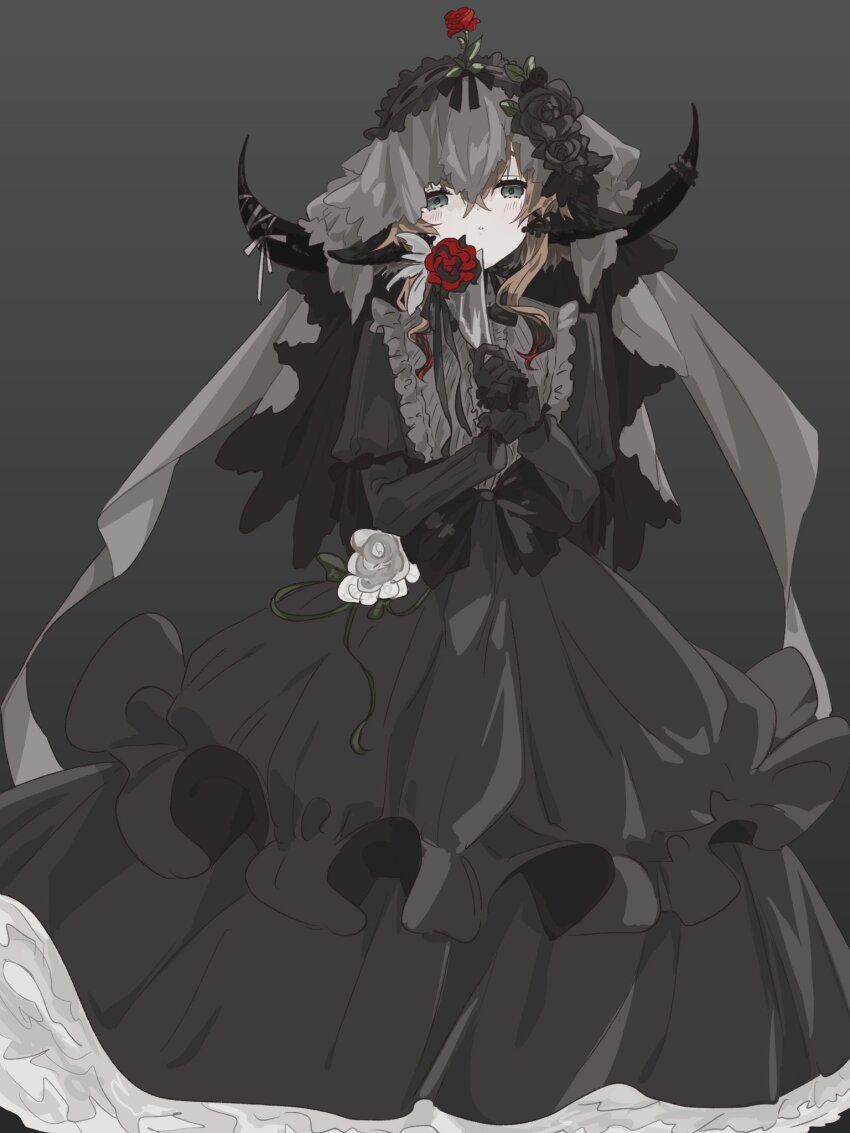 1girl alternate_costume an_fyhx animal_ears arknights black_background black_dress black_gloves black_hairband blush brown_hair commentary_request cow_ears cow_girl cow_horns dress expressionless flower flower_on_head full_body gloves green_eyes grey_ribbon grey_veil hair_between_eyes hairband highres holding holding_flower horn_ornament horn_ribbon horns long_hair long_sleeves looking_at_viewer pallas_(arknights) parted_lips red_flower ribbon simple_background solo veil