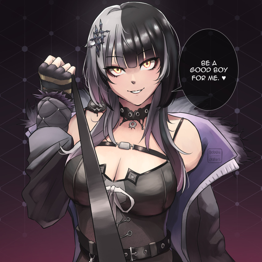 1girl absurdres belt black_belt black_choker black_coat black_dress black_hair breasts choker cleavage coat dress english_text fingerless_gloves fur-trimmed_coat fur_trim gloves gradient_background grey_hair highres holding holding_leash hololive hololive_english large_breasts leash long_hair looking_at_viewer multicolored_hair nobuudraws pov purple_background shiori_novella solo speech_bubble split-color_hair two-sided_coat two-sided_fabric two-tone_hair viewer_on_leash virtual_youtuber yellow_eyes