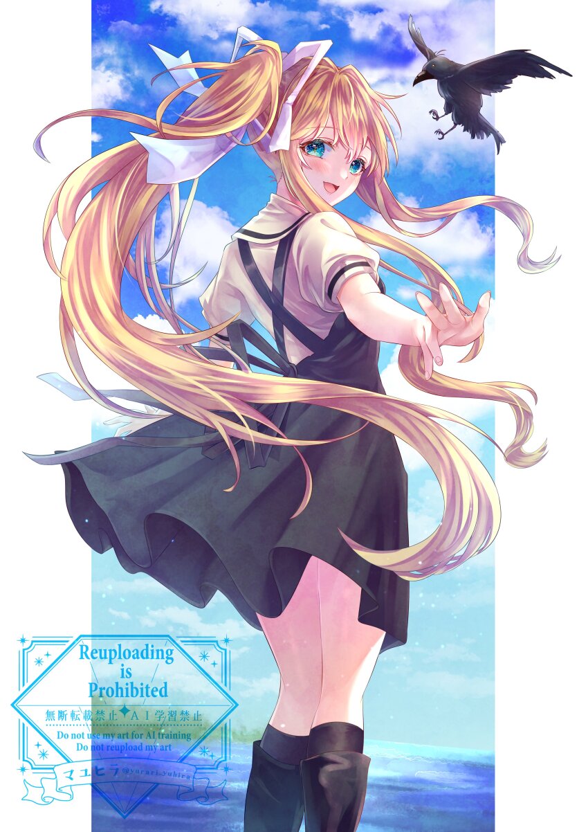 1girl absurdres air_(visual_novel) bird black_dress black_socks blonde_hair blue_eyes blue_sky boots cloud crow day dress feet_out_of_frame from_behind highres long_hair looking_at_viewer looking_back open_mouth outdoors ponytail school_uniform short_sleeves sky socks solo sora_(air) very_long_hair yurari_yuhira