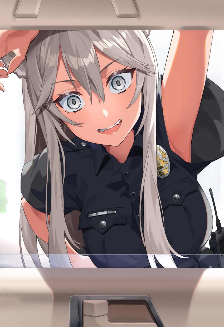 1girl :d absurdres alternate_costume animal_ears arm_up black_shirt breast_pocket breasts car_interior character_name collared_shirt fangs gashino grand_theft_auto grand_theft_auto_v grey_eyes grey_hair hair_between_eyes hand_on_own_hip highres hololive large_breasts lion_ears lion_girl long_hair looking_at_viewer open_mouth pocket police police_badge police_uniform policewoman shirt shishiro_botan simple_background smile solo tongue virtual_youtuber walkie-talkie white_background