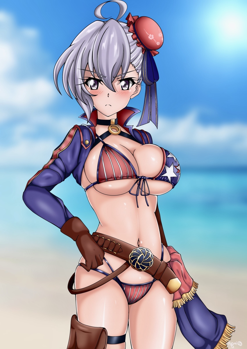 1girl absurdres ahoge american_flag_bikini american_flag_print bikini blush breasts cleavage closed_mouth cosplay flag_print highres kyomeihibiki large_breasts looking_at_viewer navel ocean outdoors print_bikini purple_eyes purple_hair senki_zesshou_symphogear shiny_skin sky solo swimsuit yukine_chris