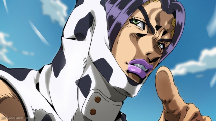 1girl androgynous blue_sky day frown grandguerrilla green_eyes jojo_no_kimyou_na_bouken lipstick makeup outdoors pointing portrait purple_hair purple_lips rikiel sky solo stone_ocean twitter_username upper_body