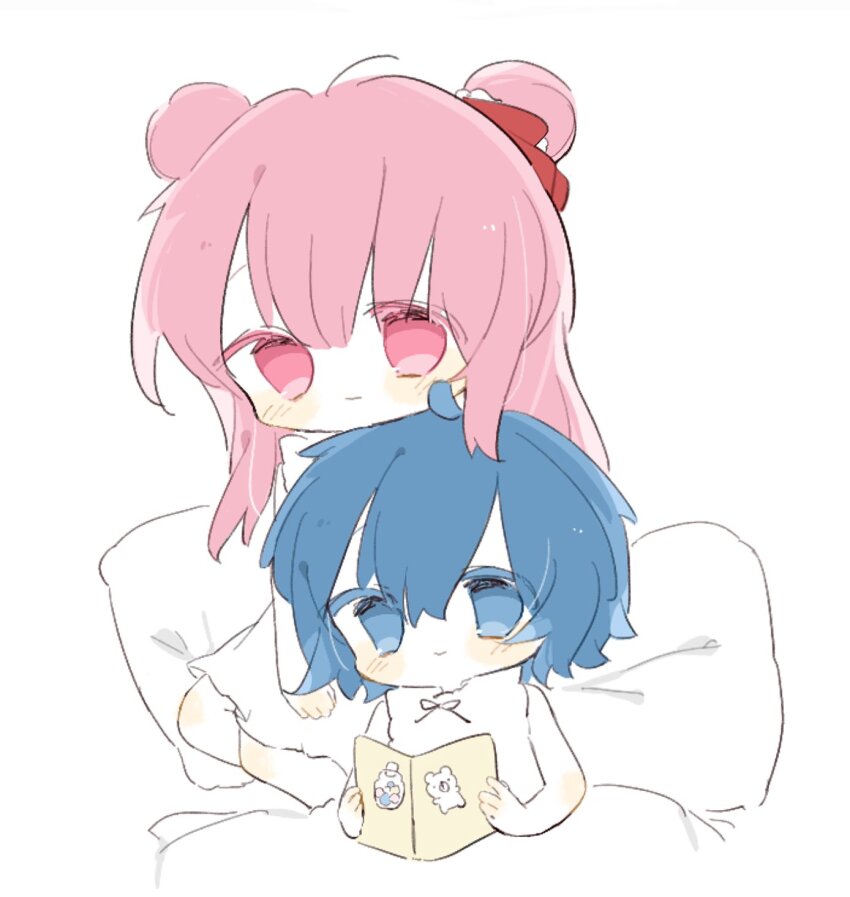 age_difference blue_eyes blue_hair book chibi double_bun dress hair_bun happy_sugar_life highres koube_shio light_blush long_hair matsuzaka_satou pillow reading short_hair sleeveless smile sticker stuffed_animal stuffed_toy teddy_bear white_background white_dress xiosatou