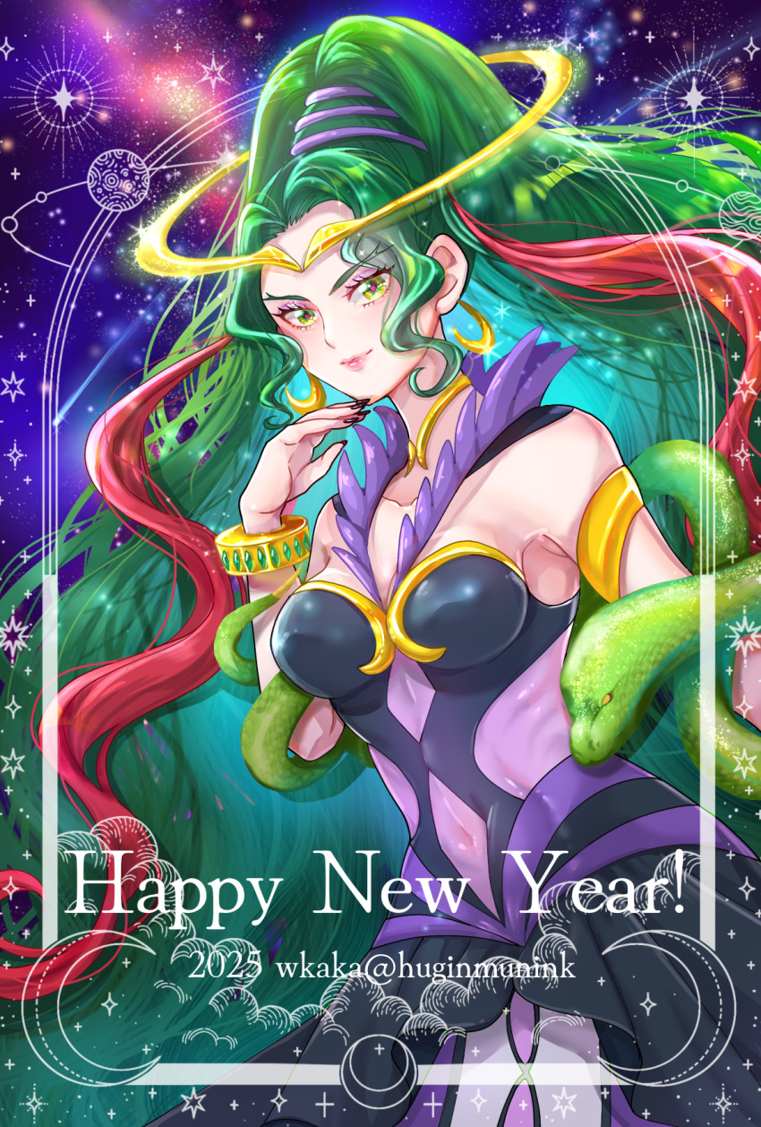 1girl bracelet breasts chinese_zodiac cleavage closed_mouth clothing_cutout covered_navel dress green_eyes green_hair happy_new_year high_ponytail jewelry long_hair makeup medium_breasts nail_polish navel_cutout new_year ophiuchus_(precure) precure sleeveless sleeveless_dress snake solo star-shaped_pupils star_(symbol) star_twinkle_precure symbol-shaped_pupils two-tone_dress very_long_hair waka_(negronoir) year_of_the_snake