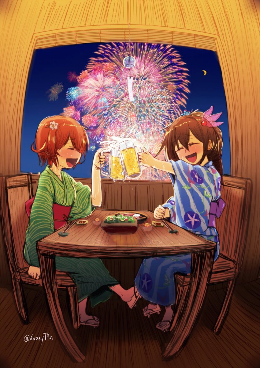 2girls alternate_costume beer_mug blue_kimono brown_hair chopsticks cup fireworks fisheye floral_print food full_body green_kimono hair_ornament highres japanese_clothes kantai_collection kimono kisaragi_(kancolle) kozzy.ta long_hair mug multiple_girls mutsuki_(kancolle) open_mouth perspective sandals short_hair smile striped_clothes striped_kimono table toasting_(gesture) twitter_username wind_chime yukata