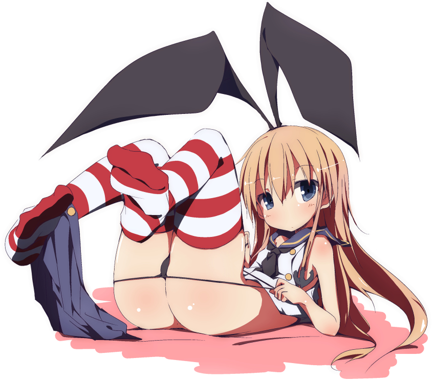 10s 1girl ass blonde_hair blue_eyes crop_top female_focus hairband highres kantai_collection nekokan-nekokan panties school_uniform serafuku shimakaze_(kancolle) skirt solo striped_clothes striped_thighhighs thighhighs underwear