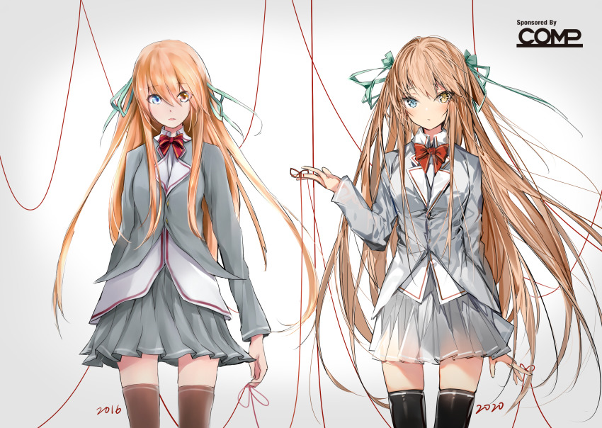 1girl artist_progress black_thighhighs blue_eyes blush bow breasts brown_eyes brown_hair brown_thighhighs closed_mouth collared_shirt commentary_request gradient_background green_ribbon grey_background grey_jacket grey_skirt hair_between_eyes hair_ribbon hand_up heterochromia highres jacket long_hair looking_at_viewer looking_back multiple_views original parted_lips pleated_skirt red_bow redrawn ribbon shirt silver_(chenwen) skirt small_breasts standing string string_around_finger string_of_fate striped_bow thighhighs very_long_hair white_background white_shirt