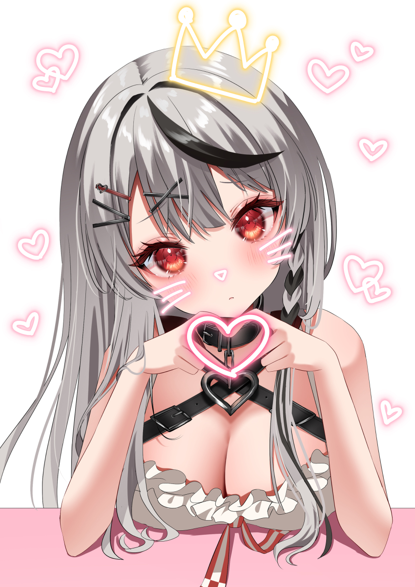 1girl absurdres black_collar black_hair blush braid breasts camisole cleavage collar crown frilled_camisole frills gloves grey_hair hair_ornament heart heart_collar heart_hands heart_pendant highres hololive large_breasts looking_at_viewer multicolored_hair open_mouth pendant_collar red_eyes rkc sakamata_chloe sakamata_chloe_(1st_costume) solo streaked_hair virtual_youtuber white_background white_camisole x_hair_ornament