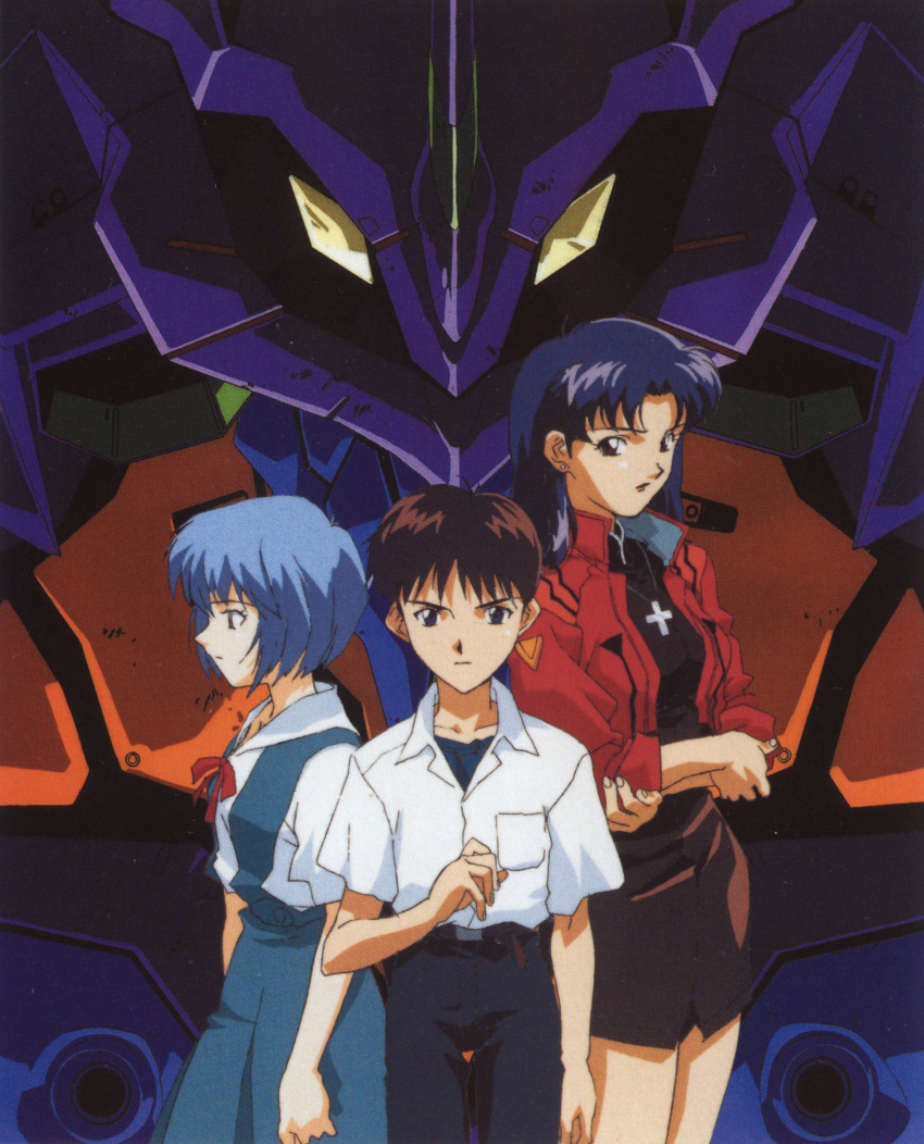 1boy 2girls absurdres ayanami_rei black_hair blue_hair breasts eva_01 highres ikari_shinji jacket katsuragi_misato looking_at_viewer mecha medium_breasts multiple_girls neon_genesis_evangelion official_art purple_hair red_eyes red_jacket robot scan school_dress school_uniform skirt standing tokyo-3_middle_school_uniform