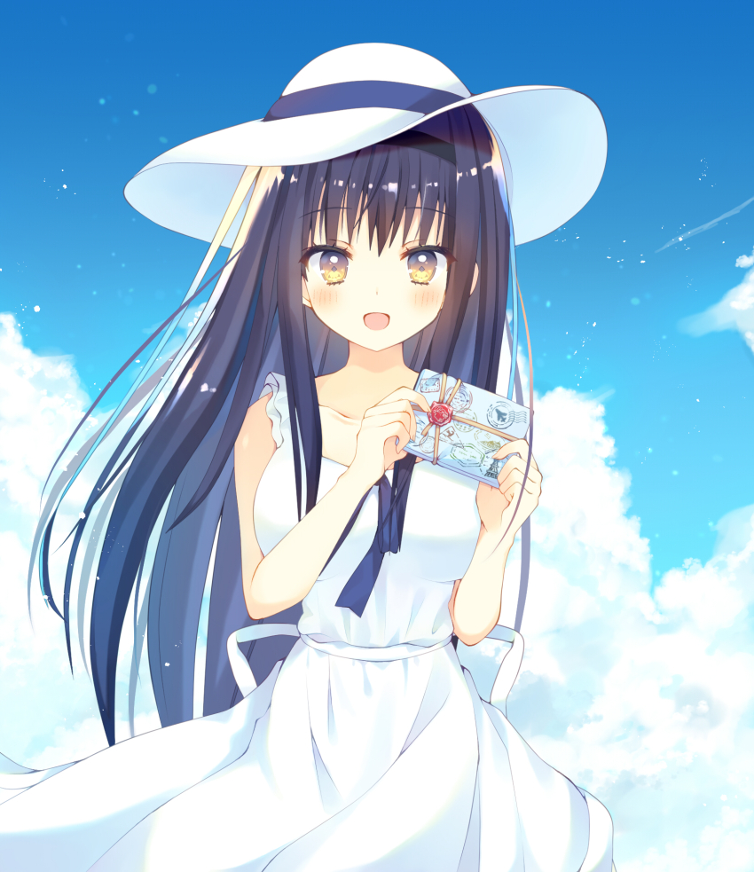 1girl :d aiyan black_hair black_hairband blue_sky blush box breasts cloud collarbone commentary_request cowboy_shot day dress eyelashes eyes_visible_through_hair floating_hair gift gift_box hair_between_eyes hairband hands_up highres holding holding_gift kushima_kamome large_breasts long_hair looking_at_viewer open_mouth outdoors ribbon sidelocks sky sleeveless sleeveless_dress smile solo standing straight-on straight_hair summer_pockets sundress very_long_hair white_dress white_headwear white_ribbon yellow_eyes