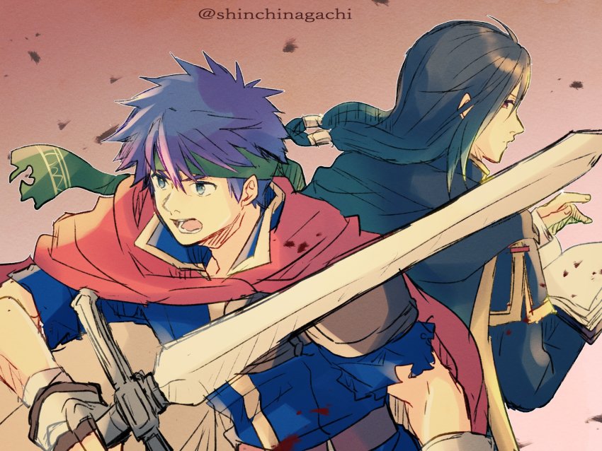 2boys black_hair blue_eyes blue_hair book cape facial_mark fire_emblem fire_emblem:_path_of_radiance gloves headband highres ike_(fire_emblem) long_hair male_focus multiple_boys nintendo nishimura_(shinchinagachi) ragnell red_eyes short_hair simple_background soren_(fire_emblem) weapon