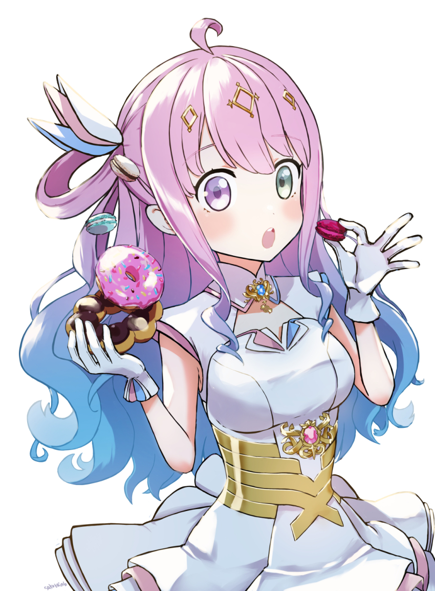 ahoge blue_hair blush cleavage_cutout clothing_cutout collared_dress diamond_hair_ornament doughnut dress food gloves gold_trim gradient_hair green_eyes hair_ribbon highres himemori_luna holding holding_doughnut holding_food holding_macaron hololive jewelry layered_dress macaron mahou_shoujo_holowitch! multicolored_hair open_mouth pink_hair pon_de_ring purple_eyes ribbon short_dress sleeveless teeth two-tone_hair upper_teeth_only virtual_youtuber wavy_hair white_background white_dress white_gloves yu_sakurai06