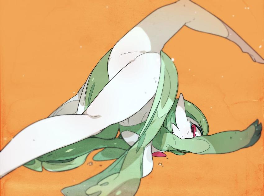 1girl creatures_(company) flexible game_freak gardevoir gen_3_pokemon green_hair idkuroi leg_up looking_at_viewer looking_back nintendo no_pussy orange_background pokemon pokemon_(creature) red_eyes short_hair solo split stretching top-down_bottom-up